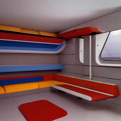 Image similar to 1970's futurist interior living space, furnished by aero aarino, primary colors are white, orange, yellow, and red unreal engine 8k resolution