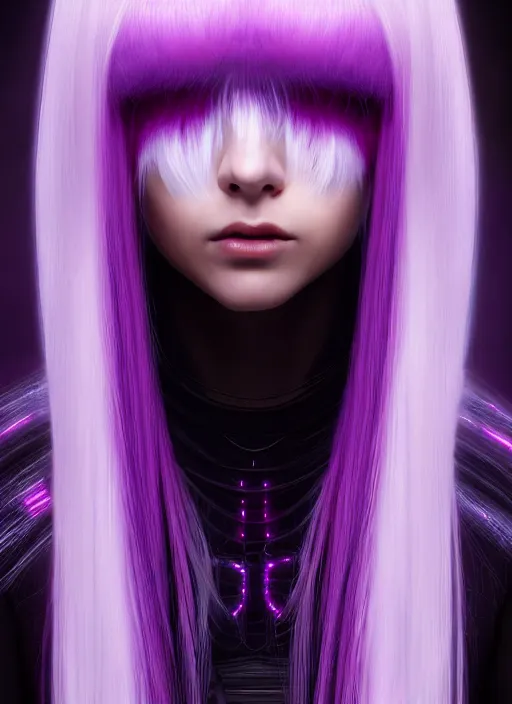 Image similar to hair whitebangs hair, black cyberlox, portrait of normal teenage girl with white bangs, messy bangs, cyberlox, whitebangs, red irises, purple clothes, intricate, elegant, glowing lights, highly detailed, digital painting, artstation, concept art, sharp focus, smooth, illustration, art by wlop, mars ravelo and greg rutkowski