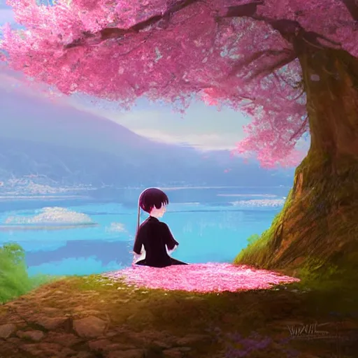 Prompt: Soft blur, digital art, anime, advanced digital art, girl sitting at the edge of a cliff overlooking a lake filled with sakura petals, light reflected on her face in the style of Kuvshinoc Ilya. —W 1024 —H 1024