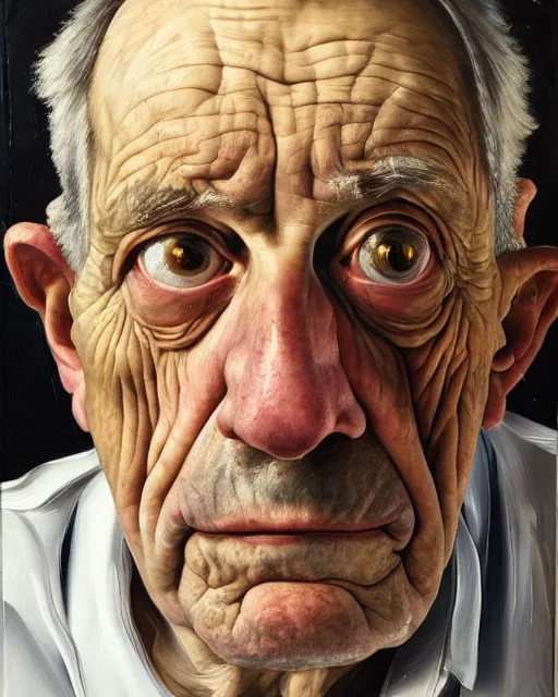 Image similar to an extreme close up portrait a very ordinary old man with an sad expression, side angle, head and shoulders shot, by Lucian Freud and Jenny Saville, oil painting, anatomically correct, beautiful perfect face, visible brushstrokes, sharp focus, Highly Detailed, Cinematic Lighting, 8k, HD