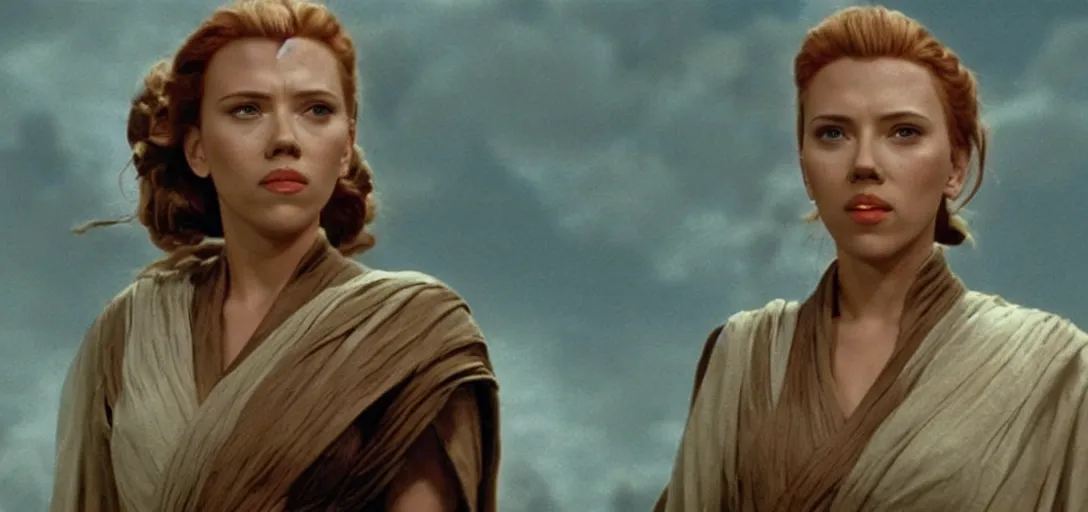 Image similar to a still of Scarlett Johansson as obiwan kenobi on tatooin in Star Wars (1977)