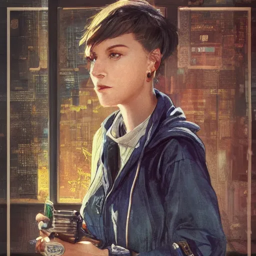 Image similar to character portrait of a 1950s girl in a hoodie, pixie cut, dystopian cyberpunk steampunk soviet mood, intricate, wild, highly detailed, digital painting, artstation, upper body, concept art, smooth, sharp focus, illustration, art by artgerm and greg rutkowski and alphonse mucha