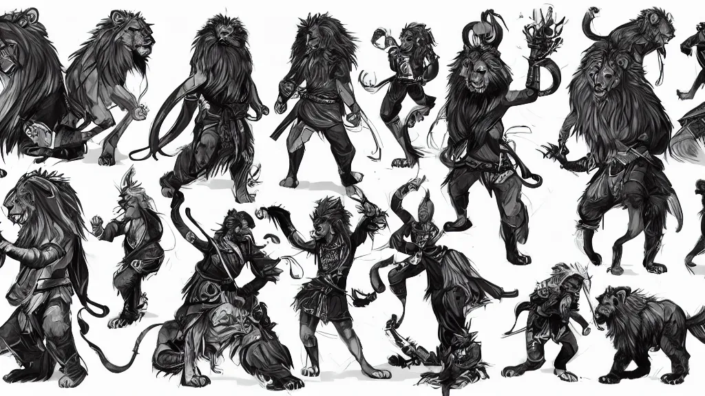 Image similar to a fantasy lion Martial artist person character design sheet, trending on artstation