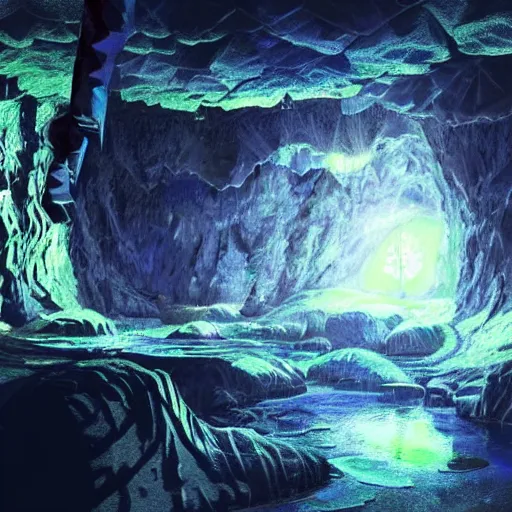 Image similar to a diamond mine, lots of diamonds unearthed, a lights is being reflected all around the dark cave mine, luminous Color’s, murial art, concept art.