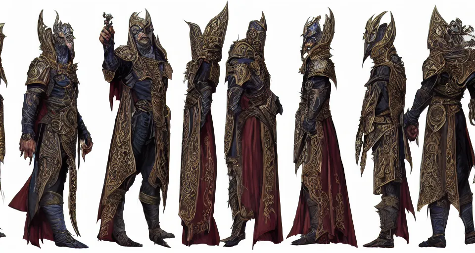 Prompt: A full color character sheet with front, back and side views of an evil Sorcerer n Highly detailed intricate ornamental robes with glowing runes holding an ornate intricate magical staff, video game concept art by Wizards of the Coast, Magic The Gathering, Blizzard, Games Workshop, Greg Rutkowski, Craig Mullins, WETA, Elder Scrolls.