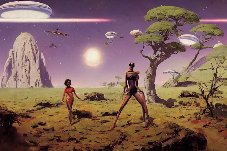 Image similar to 5 0 s pulp scifi illustration, space woman meets big science fiction alien martian in beautiful landscape, pond, baobab trees, distant mountains, painted by norman rockwell, jack kirby, john berkey, bergey, craig mullins, ruan jia, raymond swanland, jeremy mann, beksinski, tom lovell, alex malveda, schomburg