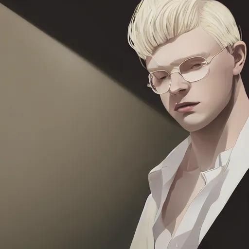 Image similar to portrait of the male model Lucius Bjornsson with beautiful long pale blond hair, albino white pale skin, posing for a photoshoot in the golden hour, white dress shirt and black miniskirt, broad shoulders and huge thick arms, ambient lighting, 4k, anime key visual, lois van baarle, ilya kuvshinov, rossdraws, artstation