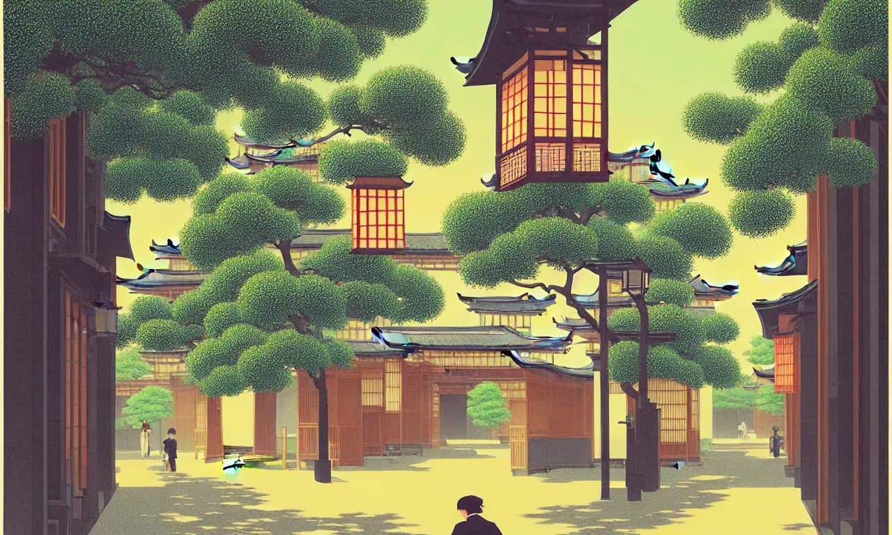 Image similar to an achingly beautiful print of a quiet street in Kyoto Japan with temples and plants, water fountains, magical details, by Raphael, Hopper, and Rene Magritte. detailed, romantic, enchanting, trending on artstation.