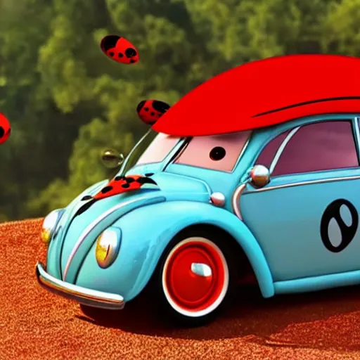 Image similar to promotion movie still of the car in'herbie'film ( 1 9 6 8 ) pretending to be a real lady bug. cinematic, 4 k, imax, 7 0 mm