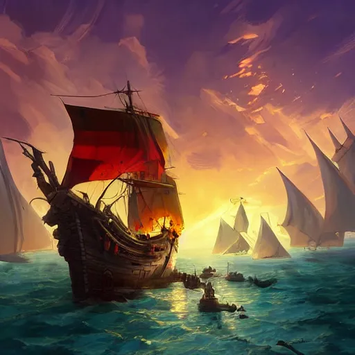 Image similar to a large pirate ship floating on top of a body of water, pirates flag, cgsociety, fantasy art, 2 d game art, concept art, heavenly lighting, retrowave, behance hd, concept art by jesper ejsing, by rhads, makoto shinkai cyril rolando, madgwick, cory loftis, sylvain sarrailh