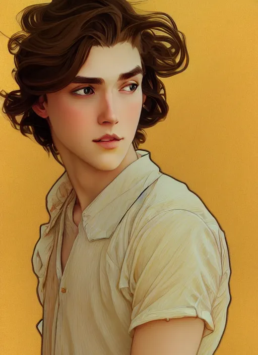 Image similar to pretty young man with shoulder length shiny shimmering golden blond hair, path traced, highly detailed, high quality, digital painting, by studio ghibli and alphonse mucha, leesha hannigan, disney