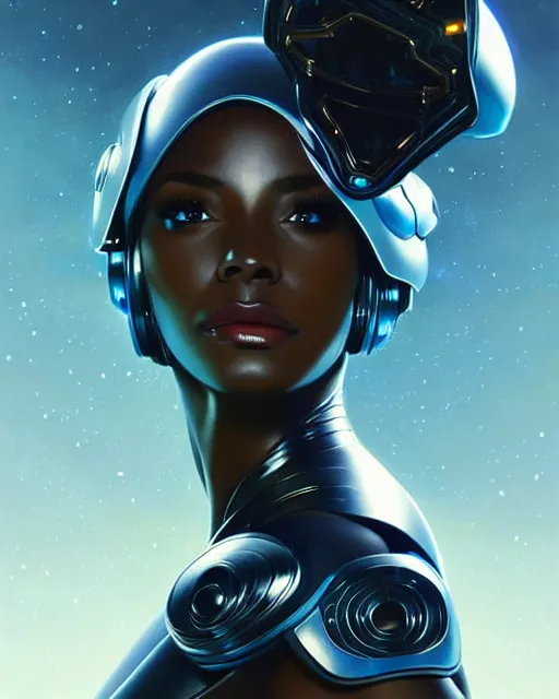 Image similar to Portrait of very very very very very very beautiful black woman, spacesuit, futuristic cybernetic helmet, blue eyes, real life skin, intricate, elegant, highly detailed, artstation, concept art, smooth, sharp focus, art by artgerm and greg rutkowski and alphonse mucha