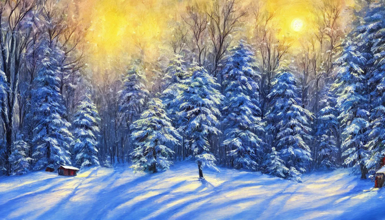 Prompt: ! dream painting of winter blizzard of house in the woods, sunny evening, artistic, brush, strokes, colourfull, very detailed, 4 k