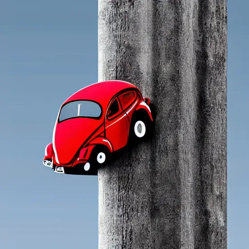 Image similar to red beetle car on top of a tall pole, digital art, photorealistic