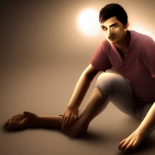 Prompt: a young man, short brown hair, with a broken leg, hyperrealism, volumetric light colorful painful