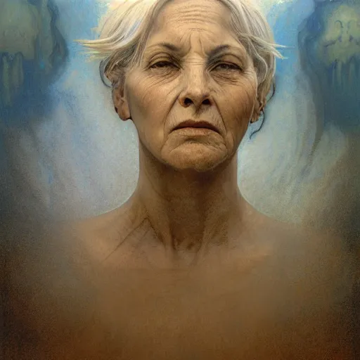 Image similar to hyperrealist portrait of an ancient old three - headed woman standing in a vast empty space with mounds of clay here and there by jeremy mann and alphonse mucha and alan lee, fantasy scifi art, photo realistic, dynamic lighting, artstation, poster, volumetric lighting, very detailed faces, award winning, full face, symmetry