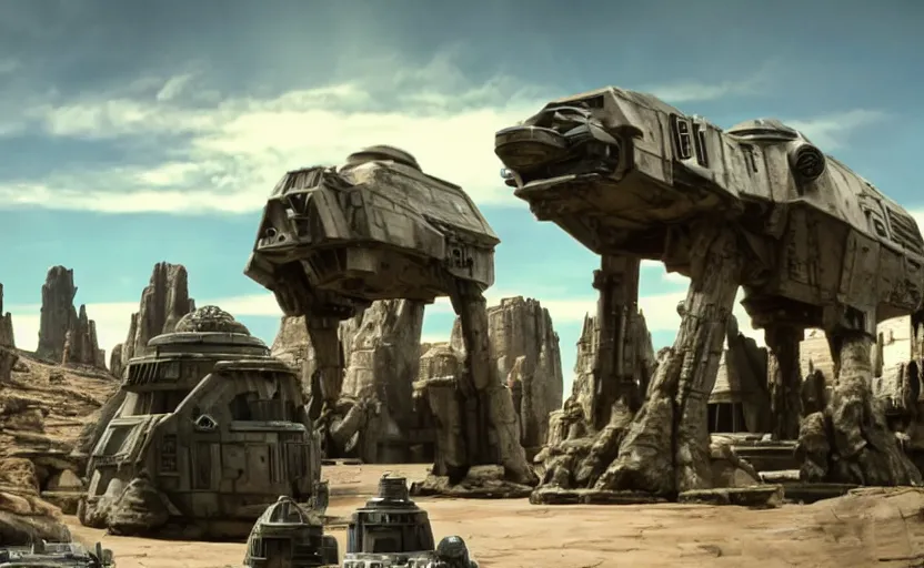 Prompt: still image screenshot floating boulder planet, castles floating in mid air, jedi temples from the tv show mandalorian on disney +, scene with at - at imperial walkers, anamorphic lens, 3 5 mm film kodak