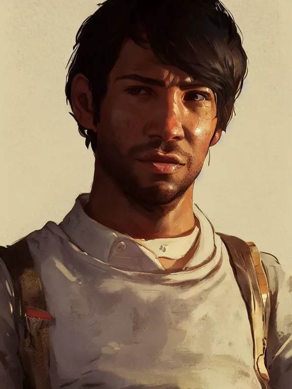 Image similar to portrait of a young man from grand theft auto 5 wearing a summer outfit, short brown hair, art by ryo shiotani and greg rutkowski, intricate, beautiful, cute, cinematic lighting, vintage art by serge ivanoff