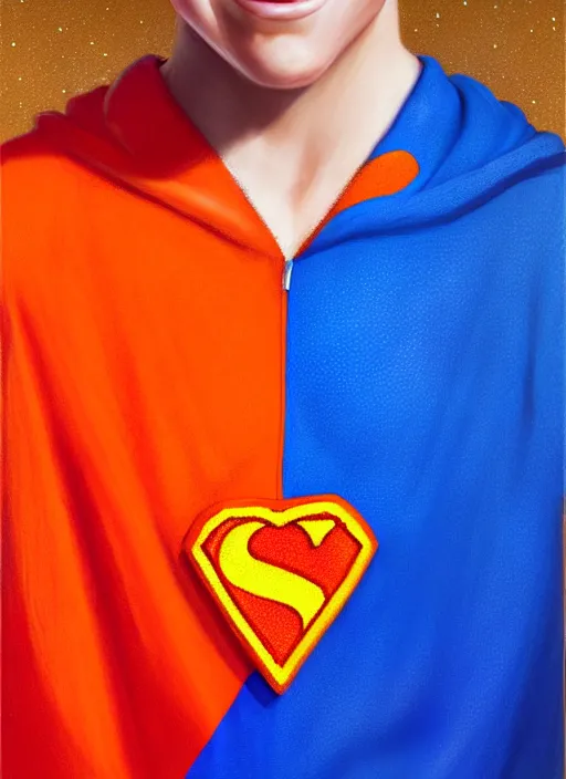 Image similar to friendly teenage archie andrews wearing an orange superhero costume with heart logo, heart, freckles, blue cape, heart emblem on chest, blue cape, intricate, elegant, glowing lights, highly detailed, digital painting, artstation, sharp focus, illustration, art by wlop, mars ravelo and greg rutkowski