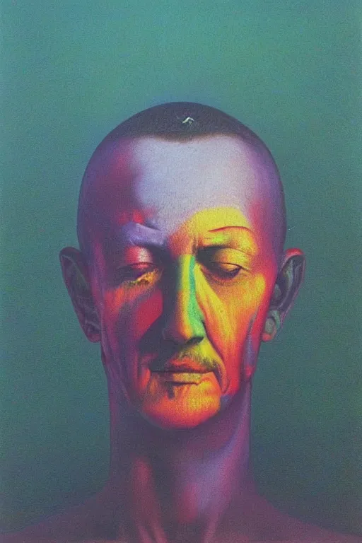 Prompt: portrait of chester bennington colourful shiny beautiful harmony painting by zdzisław beksinski