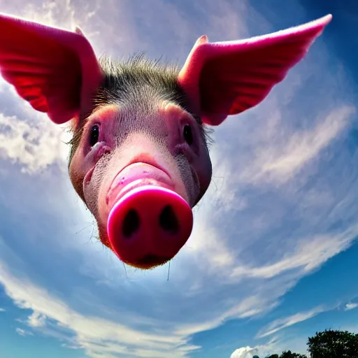 Image similar to national geographic photograph of a flying pig with big pink wings, soaring through the sky, flying above other pigs. daylight, outdoors, wide angle shot