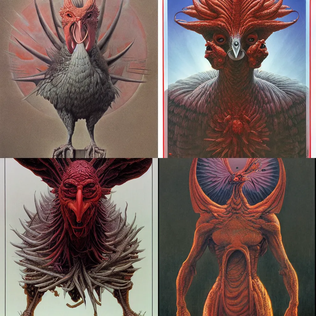 Prompt: a terrifying chicken god by wayne barlowe