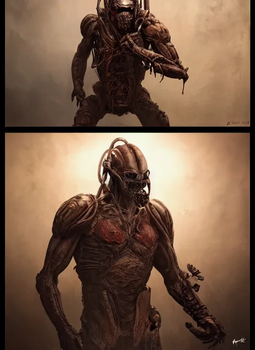 Image similar to a photorealistic dramatic hyperrealistic portrait render of predator the alien hunter, ultra realistic details, well worn, rust, oil stains by wlop, greg rutkowski, alphonse mucha vitaly bulgarov and mike nash, beautiful dramatic dark moody tones and lighting, cinematic atmosphere, studio lighting, global illumination, shadows, dark background, concept design art octane render, 8 k