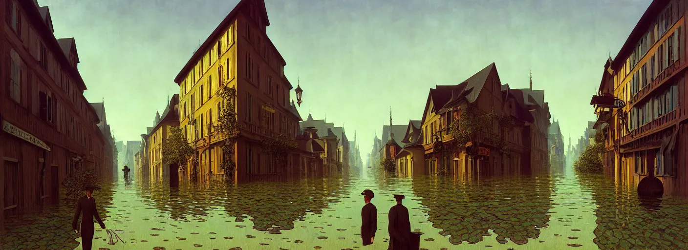 Image similar to flooded old wooden city street, very coherent and colorful high contrast masterpiece by rene magritte simon stalenhag carl spitzweg jim burns, full - length view, dark shadows, sunny day, hard lighting, reference sheet white background