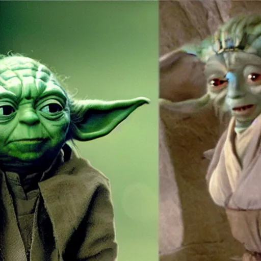 Image similar to film still of yoda as emma stone as yoda