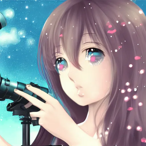 Prompt: anime girl looking through a telescope, digital art, by Yoshitaka Amano, 4k