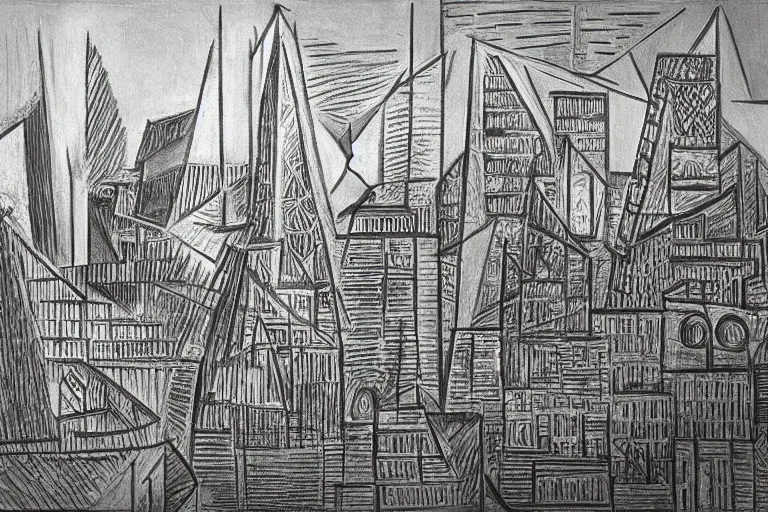 Prompt: black and white sketch of the london skyline, highly detailed, dramatic lighting, intense shadows, by pablo picasso