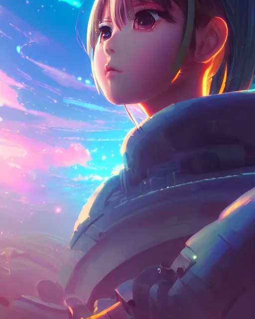 Prompt: portrait of anime girl, beautiful landscape, highly detailed, perfect face, machine planet, alien, glass obelisks, ufo in the sky, colorful light, advanced technology, cinematic lighting, sharp focus, artstation, intricate, masterpiece, art by bastien grivet and darwin cellis and jan urschel