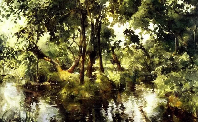 Image similar to oil painting lanscape by anders zorn, jungle nature, fruit trees, very very very very beautiful art, dramatic light, water reflections, aquarelle paint splashes, white painted border