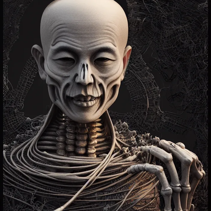 Prompt: portrait of Buddhist Monk as skeleton. intricate abstract. intricate artwork. by Tooth Wu, wlop, beeple, dan mumford. octane render, trending on artstation, greg rutkowski, very coherent symmetrical artwork. cinematic, hyper realism, high detail, octane render, 8k, iridescent accents, deep blacks