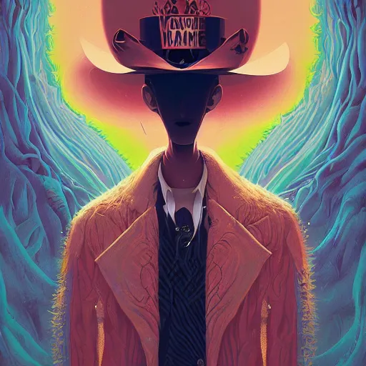Prompt: Vampire in Fear and Loathing Wonderland, a new age fantasy portrait by Christopher Balaskas and Nekro, psychedelic, vivid color, Album Cover