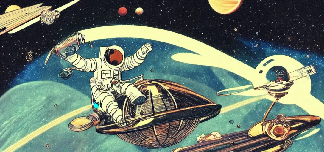 Prompt: astronaut riding on a monocycle on saturn ring, comic style, pulp magazine, vintage scifi