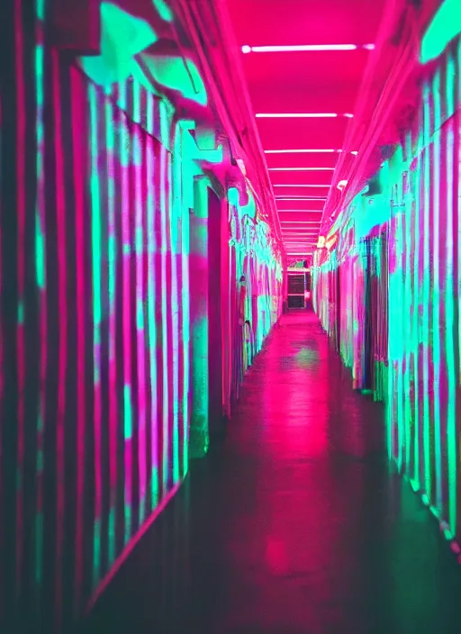 Prompt: a view of a spooky neon corridor, depth of field photo by yi insang, unsplash, video art, blur, wallpaper, cinematic view