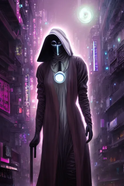 Image similar to wow! 3 / 4 stunning photorealistic portrait of a female plague doctor with a nebula aura in a kowloon! cyberpunk cityscape, bioluminescent bodysuit, acid rain, dark scifi, by artgerm and sorayama and alphonse mucha, ultrarealistic, hyperdetailed, trending on artstation, octane render