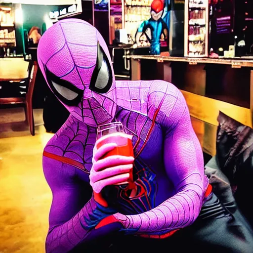 Prompt: spider man drinking purple liquid from the chug