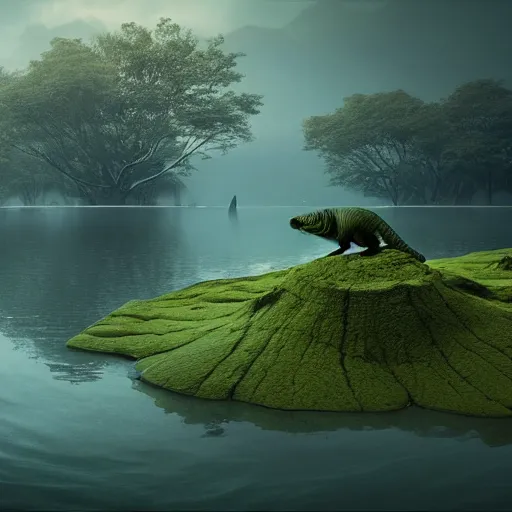 Prompt: dangerous creature lurking, eyes visible. a large body of water with green algae in it, a matte painting by filip hodas, cg society contest winner, environmental art, matte painting, volumetric lighting, cryengine