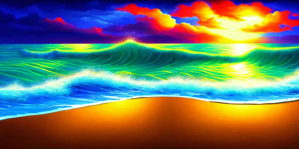 Image similar to a beach shaped like a singing mouth, the waves are made is musical notes, one wave is shaped like the mouths tongue, very colorful painting 8 k trending on art station, intricate details, very realistic, cinematic lighting, volumetric lighting,