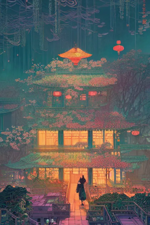 Image similar to a beautiful hyperdetailed matte illustration victo ngai cyberpunk style of absolutely beautiful blooming flower house, from china, perfectly shaded, atmospheric lighting, style of studio ghibli, makoto shinkai, raphael lacoste, louis comfort tiffany, artgerm, james jean, ross tran, chinese style