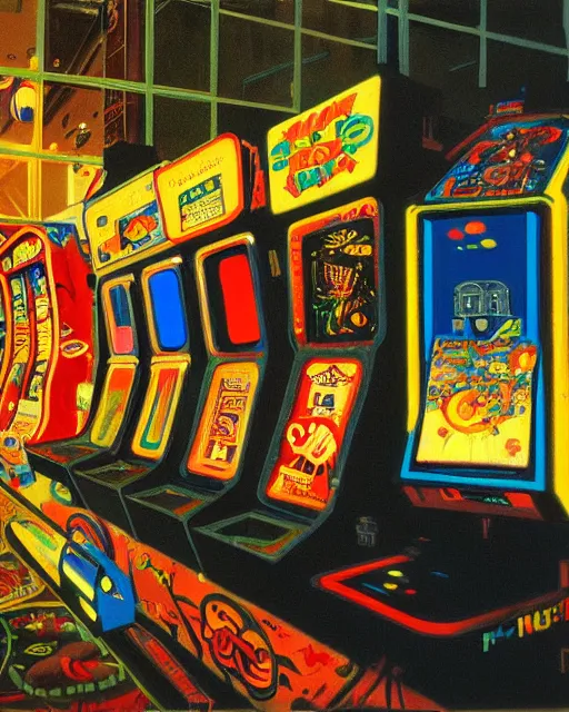 Image similar to arcade at night. 8 0 s era technology, vintage shapes, retro technology, vintage color, wayne barlow, oil on canvas, deep depth of field, masterpiece, cinematic composition, hyperdetailed