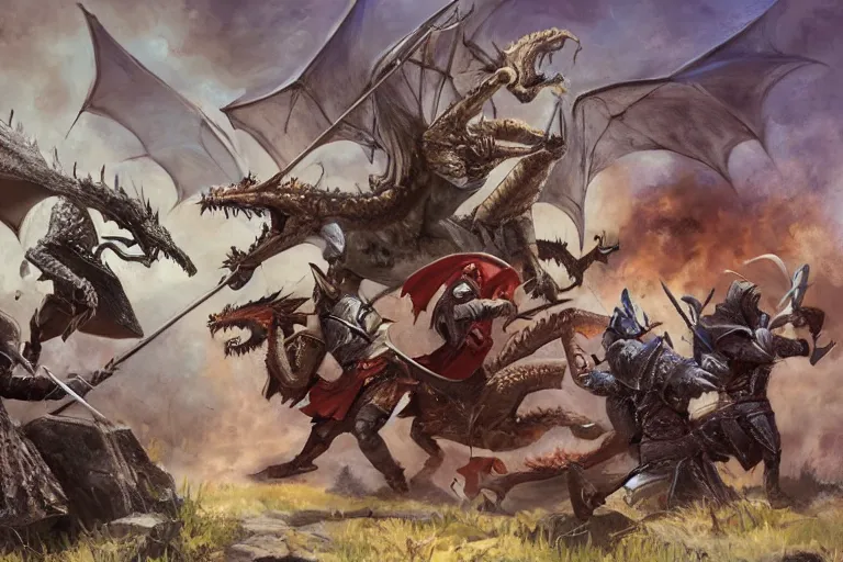 Prompt: dnd knights fighting a dragon