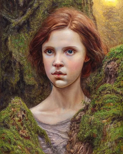 Prompt: a well - lit, realistic oil painting emotive portrait of a girl resembling a young, shy, redheaded irish alicia vikander or millie bobby brown in moss - covered ancient stone ruins at sunset, highly detailed, intricate, concept art, artstation, by donato giancola, ron cobb, and artgerm