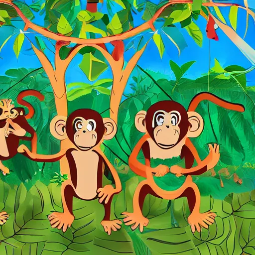 Prompt: Monkeys singing and dancing happily at a jungle, highly detailed illustration