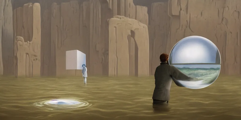 Prompt: hyperrealist painting of a skinny grey scientist and a cube inside a giant transparent bubble from howl's moving castle ( 2 0 0 4 ) in a flooded monument valley stonehenge jungle. moody, misty, depth perception.