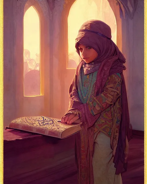 Image similar to a faceless bedouin child infront of a big open quran highly detailed, gold filigree, romantic storybook fantasy, soft cinematic lighting, award, disney concept art watercolor illustration by mandy jurgens and alphonse mucha and alena aenami, pastel color palette, featured on artstation