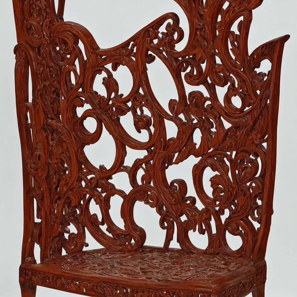 Prompt: a 3 d wooden mahogany art nouveau carved sculptural chair with a delicate multi - layer tracery pattern, intricate and highly detailed, well - lit, ornate, realistic, polished with visible wood grain