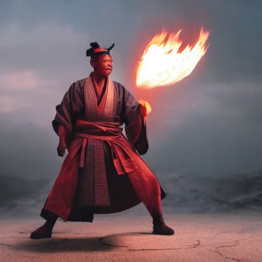 Image similar to cinematic film still of Morgan Freeman starring as a Samurai holding fire, Japanese CGI, VFX, 2022, 40mm lens, shallow depth of field, film photography